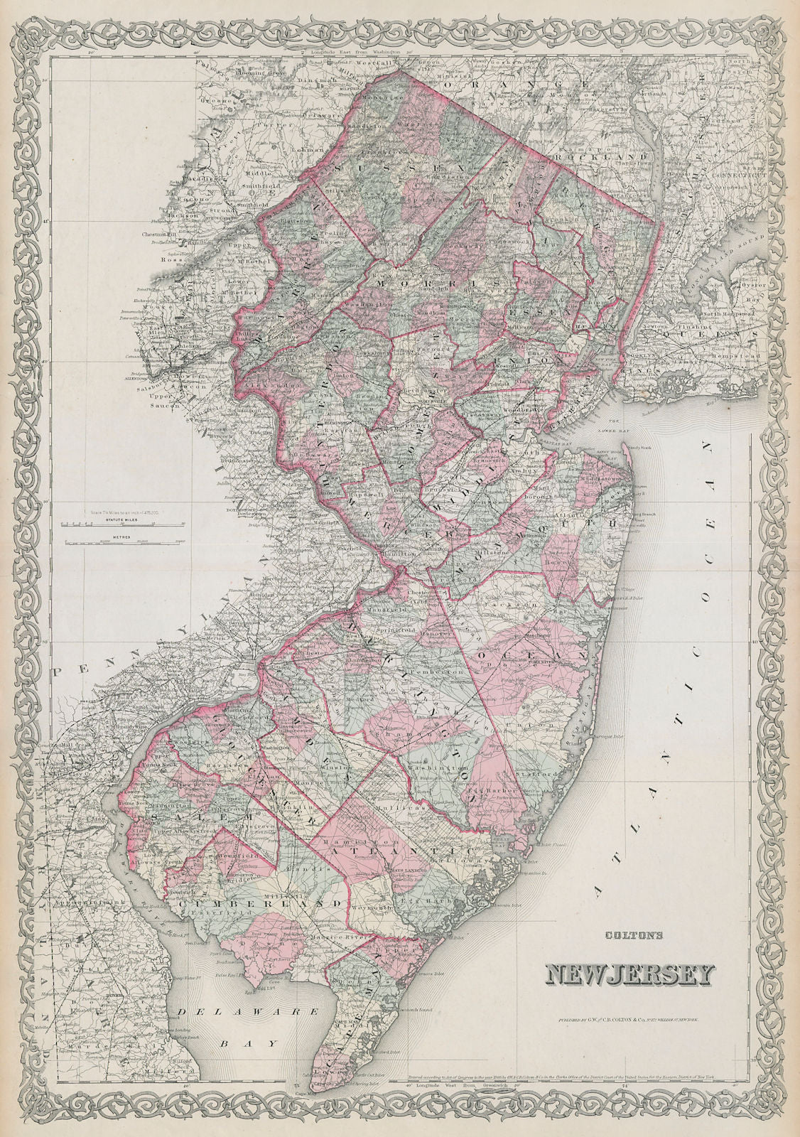 Colton's New Jersey. Decorative antique US state map 1869 old